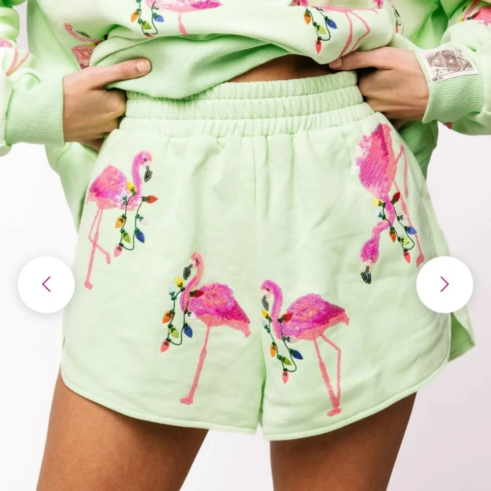 ISO Queen of Sparkles * In Search of 🩷💚 Flamingo Print Green Sweatshirt - Picture 2 of 2